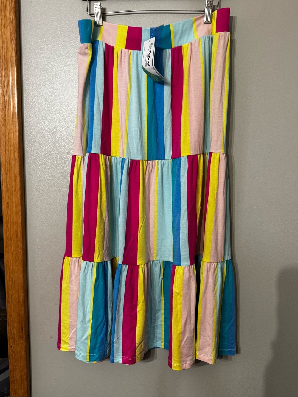 Sold End Striped Rainbow Tiered Maxi Midi Skirt Woman’s Size Med 10-12 Cotton